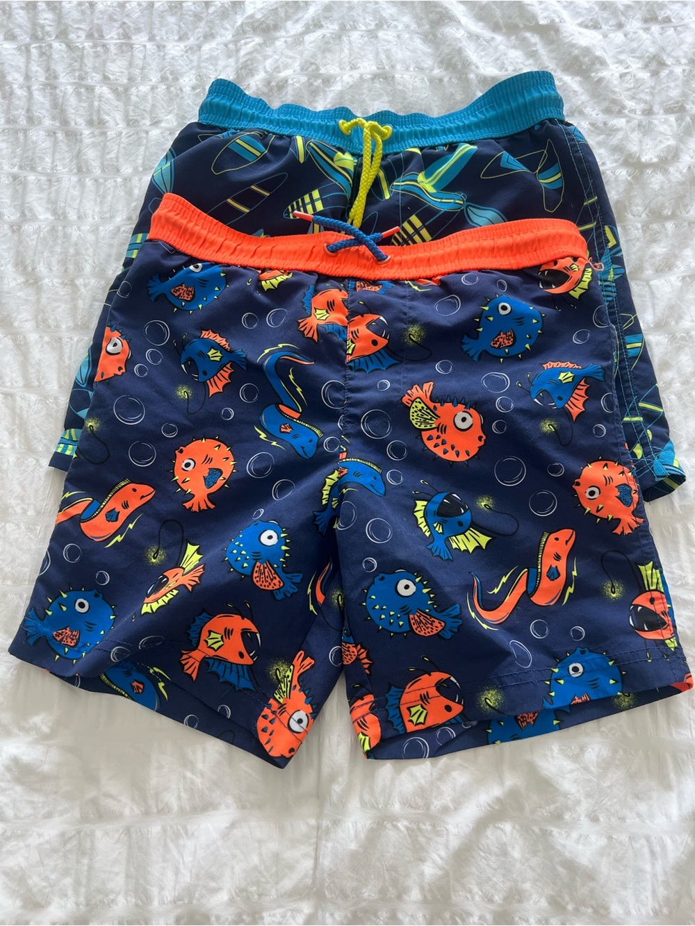 2 Pairs. Boys Navy Print Swim Shorts